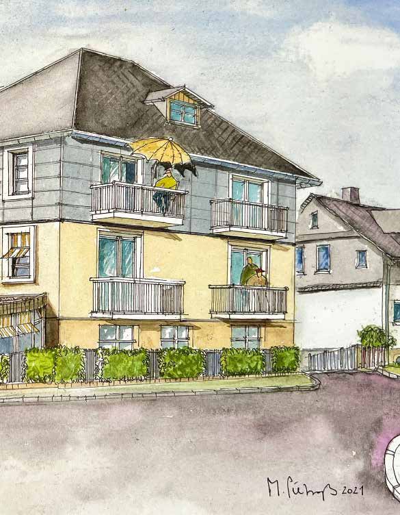 Aquarell-Zeichnung: ein zweigeschossiges Haus mit gelber Fassade, grauem Obergeschoss und Balkonen, auf einem Balkon sitzt jemand unter einem gelben Sonnenschirm, rechts ein Nachbarhaus. Signiert „M. Pietraß 2021“.