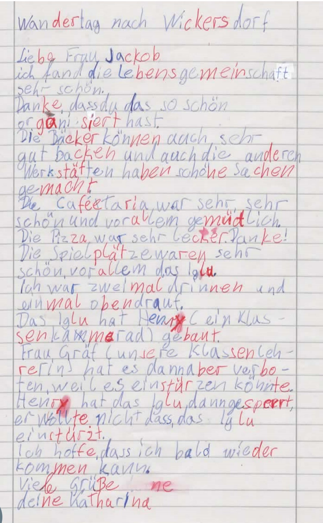 Handgeschriebener Brief auf liniertem Papier in blauer und roter Schrift, überschrieben mit „Wandertag nach Wickersdorf“.