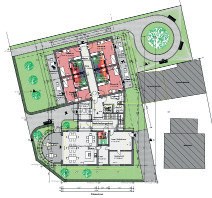 Lageplan des geplanten Hauses: ein Gebäude mit roten Wohnräumen und weißem Gemeinschaftsbereich auf einem grünen Grundstück, daneben Parkplätze und Nachbargebäude.