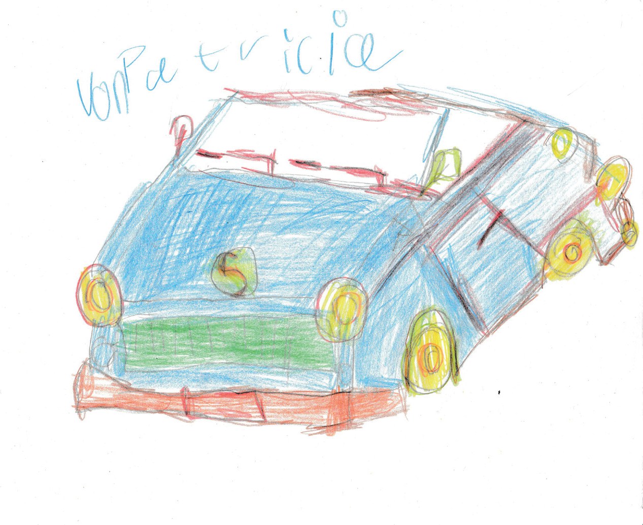 Buntstiftzeichnung eines hellblauen Autos mit gelben Scheinwerfern und Rädern, darüber der Schriftzug „von Patricia“.