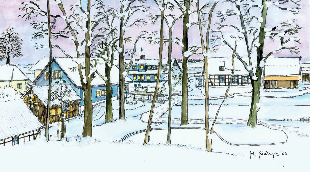Farbige Zeichnung einer Winterlandschaft: verschneite Bäume vor Fachwerk- und Schieferhäusern der Lebensgemeinschaft, signiert von M. Pietraß.