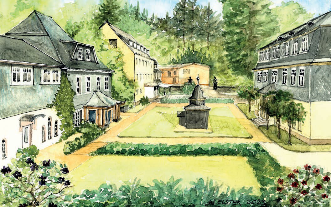 Aquarell-Zeichnung: der Platz der Lebensgemeinschaft als Parkanlage mit Rasenflächen, Hecken, Blumen und geraden Wegen, in der Mitte ein kleines Türmchen, links und rechts Häuser mit Schieferdächern, dahinter Wald.