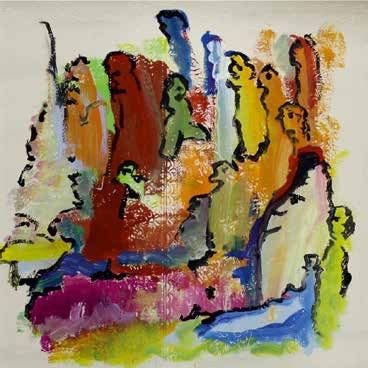Gemaltes Bild aus der Kunsttherapie: dicht nebeneinander aufragende Formen in Rot, Orange, Gelb und Grün mit schwarzen Umrissen, wie Felsen oder Figuren, unten Pink und Blau.
